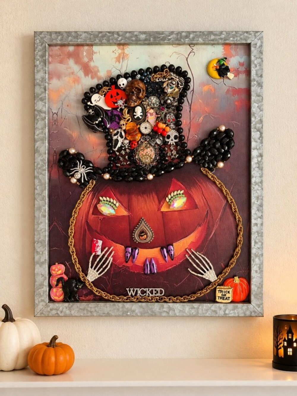 Designs by Betty Halloween Pumpkin Witch Hat Jewelry Art Framed 17½ Inch